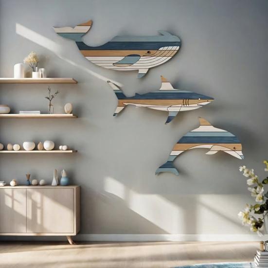 3 Stück Holzfisch Wanddeko Rustikaler Walhai Delfin Strand Küsten Wandkunst Nautische Wandbehang Skulptur für Badezimmer Seehaus Dekor