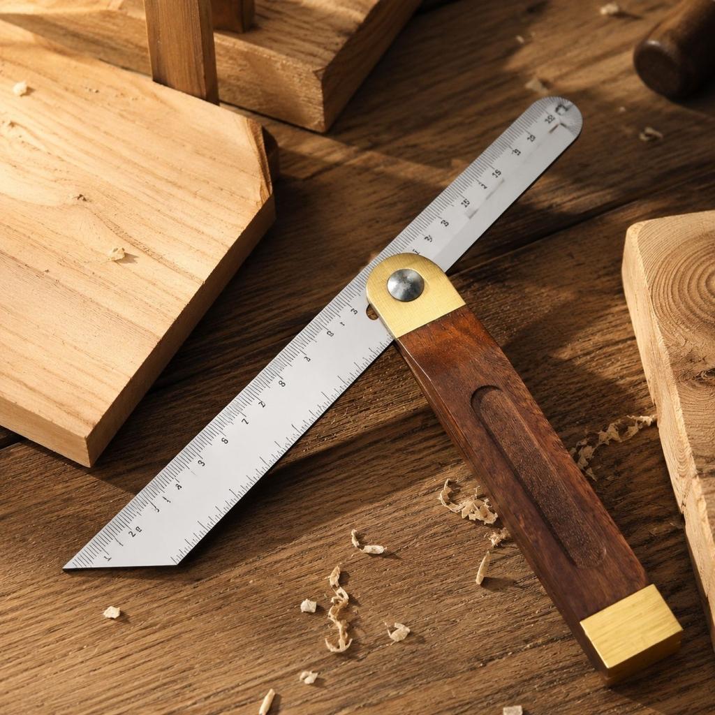 Adjustable Woodworking Gauge with Wooden Handle for Angle Measurement and Corner Marking