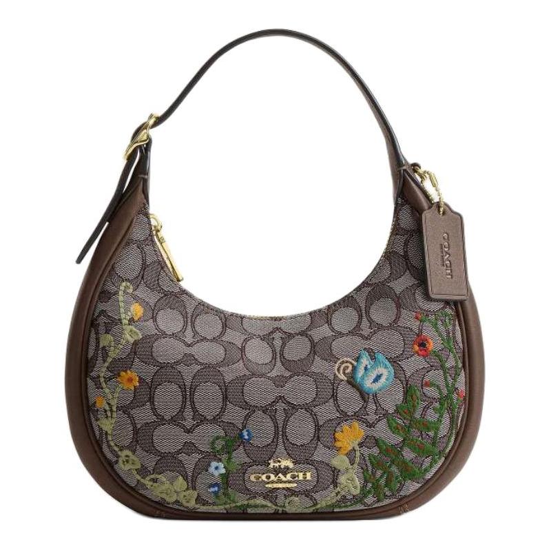 

COACH Emily 23 signature jacquard embroidery fabric and leather shoulder bag medium women s multicolor коричневий
