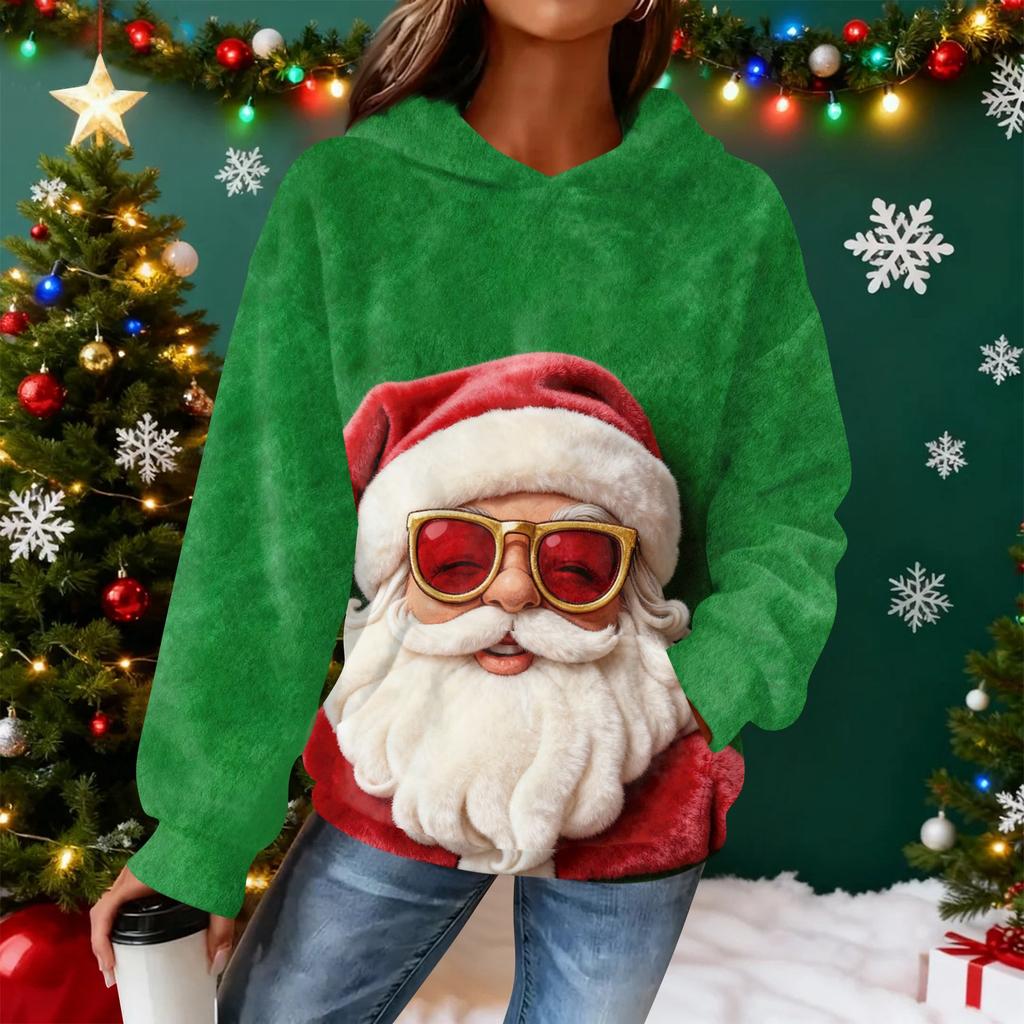 Sudadera con capucha de franela con estampado navideño de manga larga para mujer