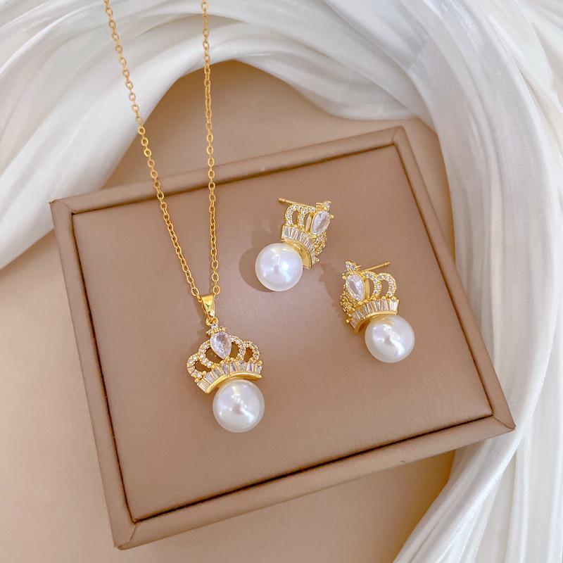 Necklace Earrings Set Light Luxury Full Of Diamonds Pearl Crown Personality Temperament Banquet Earrings Necklace Group