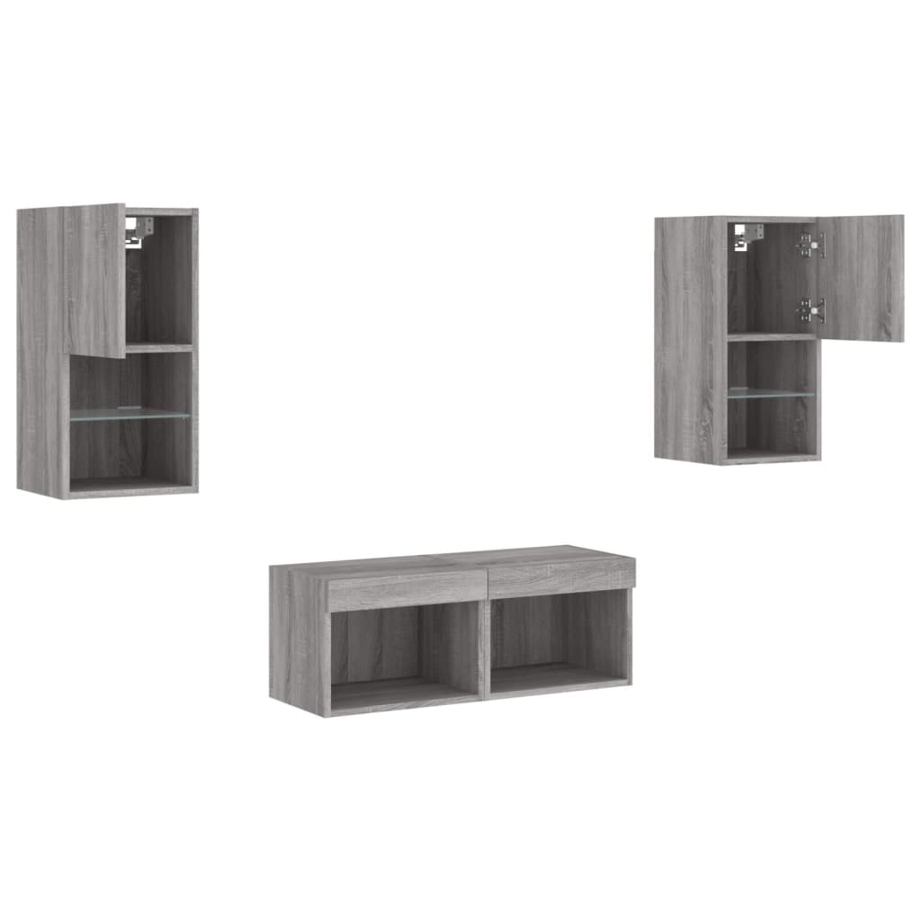 4 Piece TV Wall Unit with LED Lights Grey Sonoma