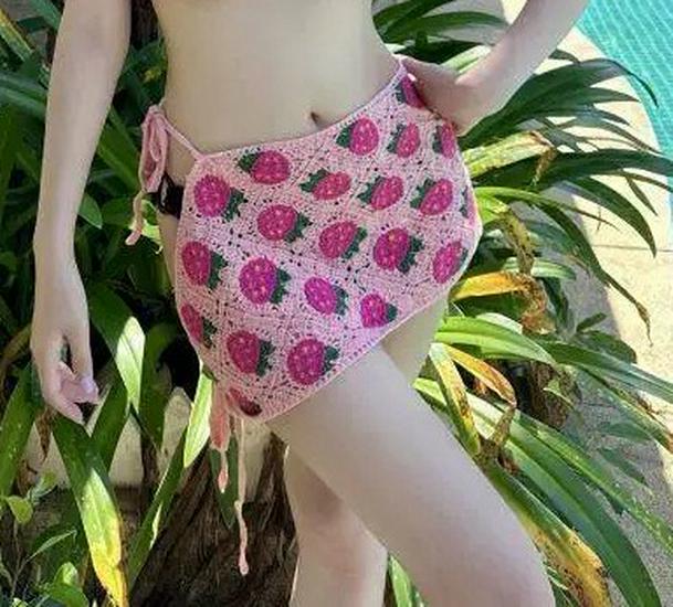 Strawberry Knit Halter Skirt Swimsuit: Cute 3-Piece Set for Women
