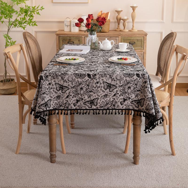Retro Polyester Cotton Color Woven Jacquard Black And White Butterfly Pleated Lotus Leaf Edge Fringed Tablecloth Rectangular Coffee Table Tablecloth