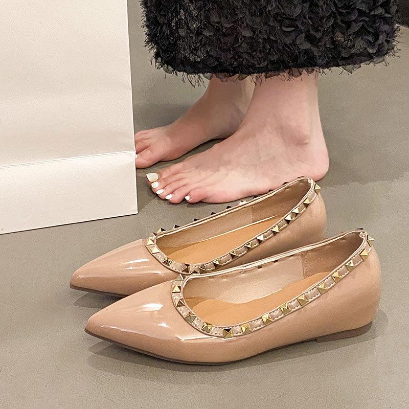 Soft Leather French Inner Heightening Temperament Pointed Single Shoes Women's New Summer Flat-bottomed Rivets Soft-soled Ladyshoes