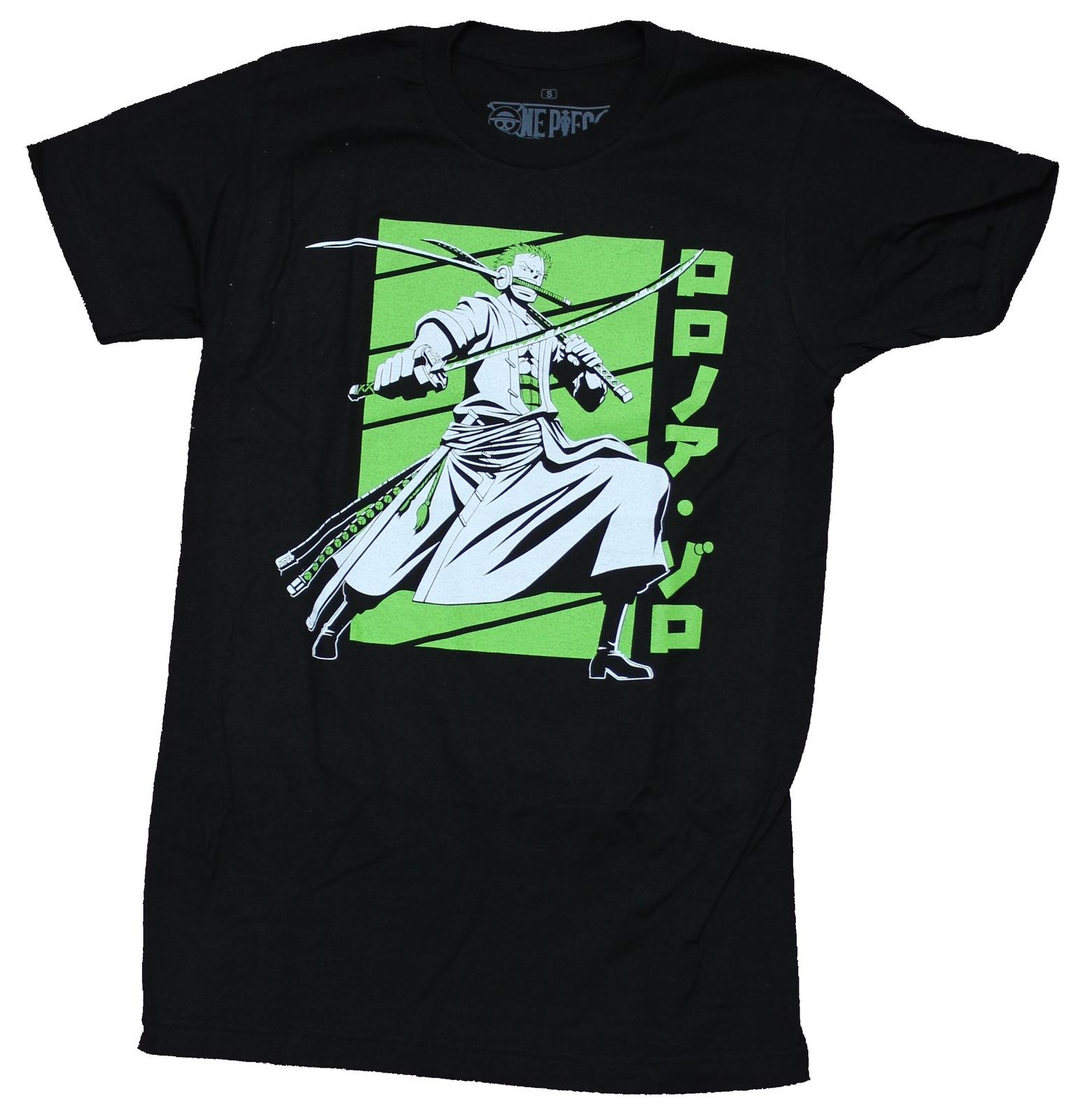 One Piece Adult New T-shirt Zoro Posed on Green Kanji S
