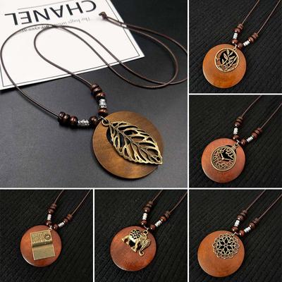 1PC Wooden Owl Necklace Accessories Gift Sweater Necklace Long Chain Dress Beaded Pendant Leaves Choker Vintage Ethnic Style