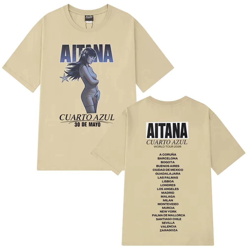 Camiseta Unisex Casual Blanca de Algodón para Mujer y Hombre con Gráfico de Concierto Aitana Cuarto Azul World Tour 2026
