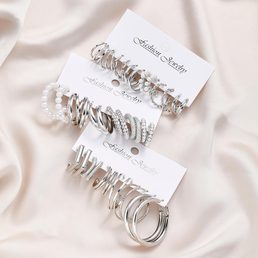 18 Pairs Silver Color Pearl Twist Hoop Earrings Set Vintage Metal Circle Geometric Earrings for Women 2024 Trendy Jewerly Gifts