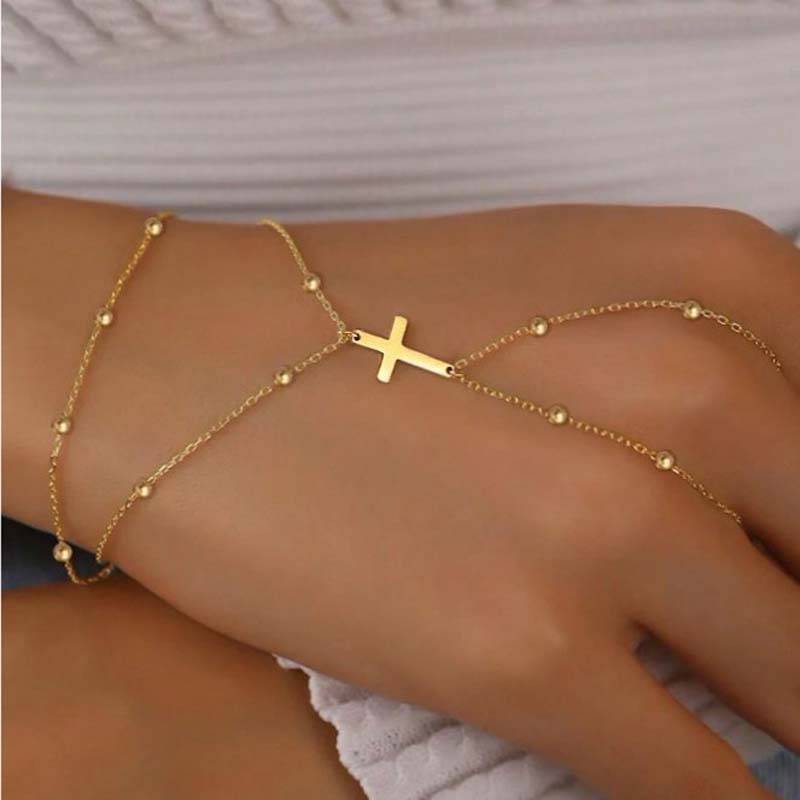 Fashion Metal Double Layer Cross Connected Finger Ring Bracelet for Women Simple Gold Color Bead Link Chain Hand Bangles Zircon