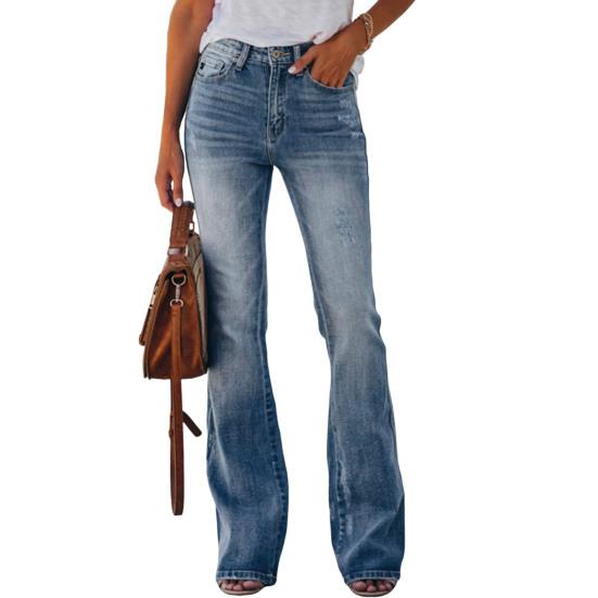 

Женские джинсы с высокой талией и карманами на молнии и пуговицах, эластичные градиентные цвета, расклешенный подол в стиле ретро, ​​облегающий крой M синий