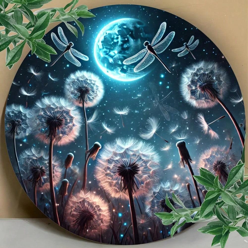 

Vintage Metal Wall Art Round Dandelion Dragonfly Panel Home Decor Gift 20x20