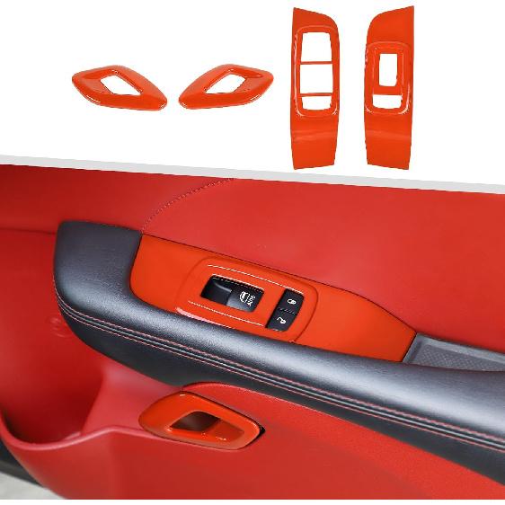 Jimen Fit for Dodge Challenger 2015-2023, 4PCS Inner Door Handle Cover & Window Lift Switch Panel Trim (Carbon Fiber)