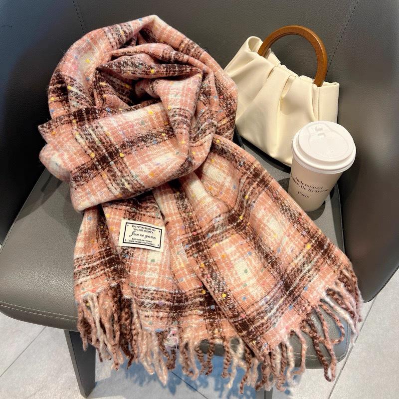 Korean Style Imitation Cashmere Plaid Scarf - Women's Warm, Thick, and Versatile Neck Warmer for Fall and Winter.