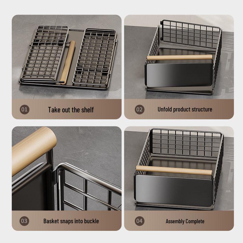 Foldable Kitchen Under-Sink Pull-Out Storage Rack for Seasoning and Tableware