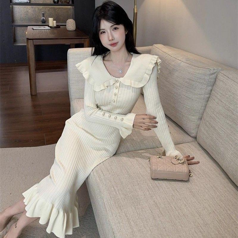 

Autumn Winter Retro Ruffle Collar Knit Fishtail Dress One Size 40-60 kg абрикосовый