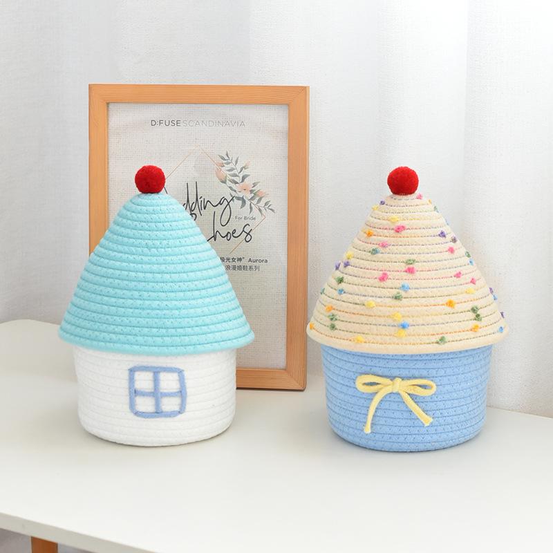 House Shape Cotton Rope Woven Storage Basket with Lid Large Capacity  Cute Bedroom Storage Basket Dustproof Cosmetics Storage