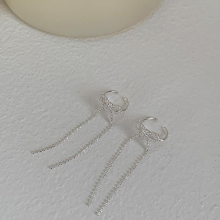 925 Silver Bow Tassel Clip Earrings for Women Light Luxury Fine Jewelry Minimalist Elegant Accessories