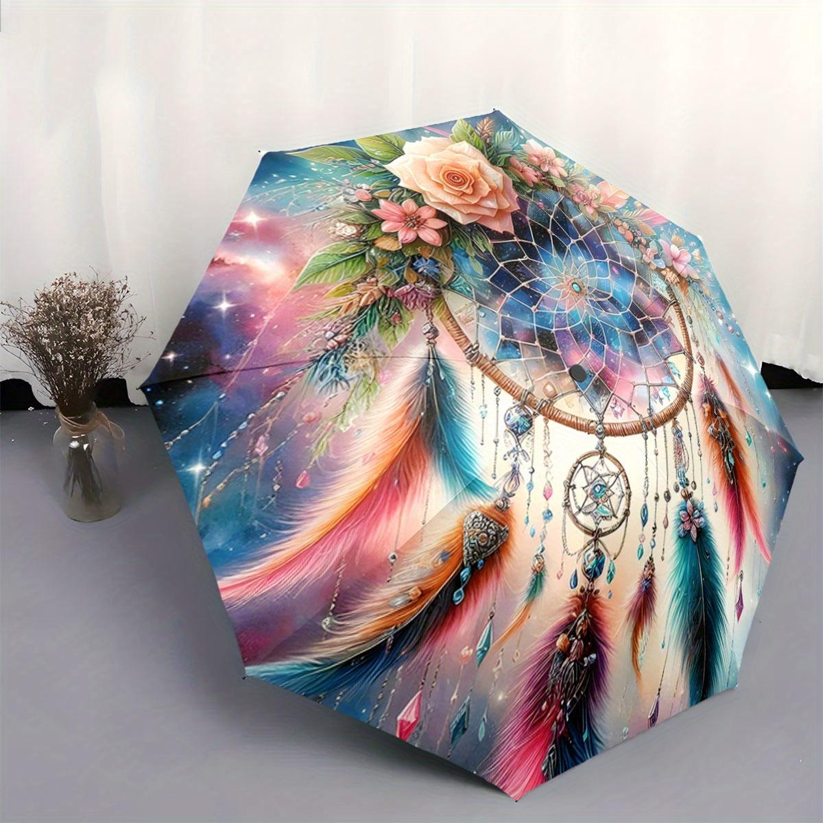 

Automatic Folding Umbrella Design - Floral & Feather Pattern, Portable Collapsible Umbrella for All Seasons, Lightweight & Dur Iron&8K