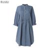ZANZEA Women Stand Collar Solid Color Loose Long Sleeve Shirt Dress