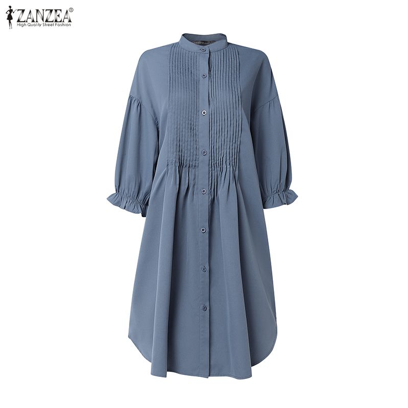 ZANZEA Women Stand Collar Solid Color Loose Long Sleeve Shirt Dress