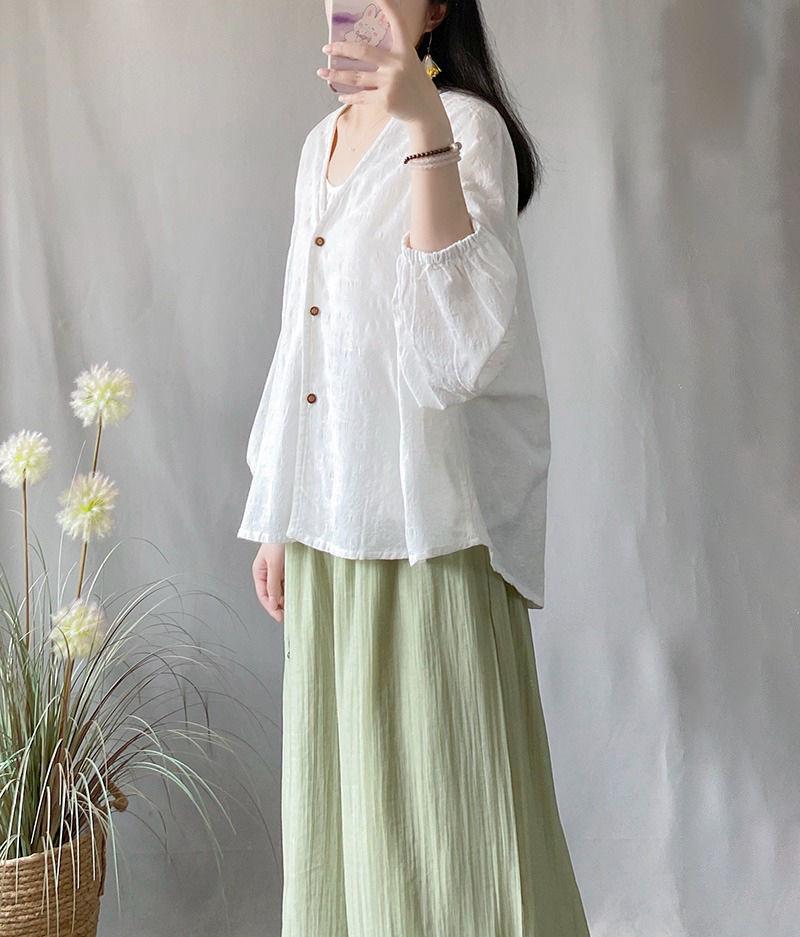 Spring/Summer Cotton Linen Jacquard Cardigan - Loose, Slim, Bat Sleeve, Sun Protection Long Sleeve Shirt