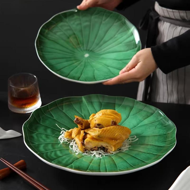 BEPAN 1PC Unique Green Lotus Leaf Plate Hotel Tableware Exquisite Ceramic Plates Creative Chinese Food Ceramic Dinnerware