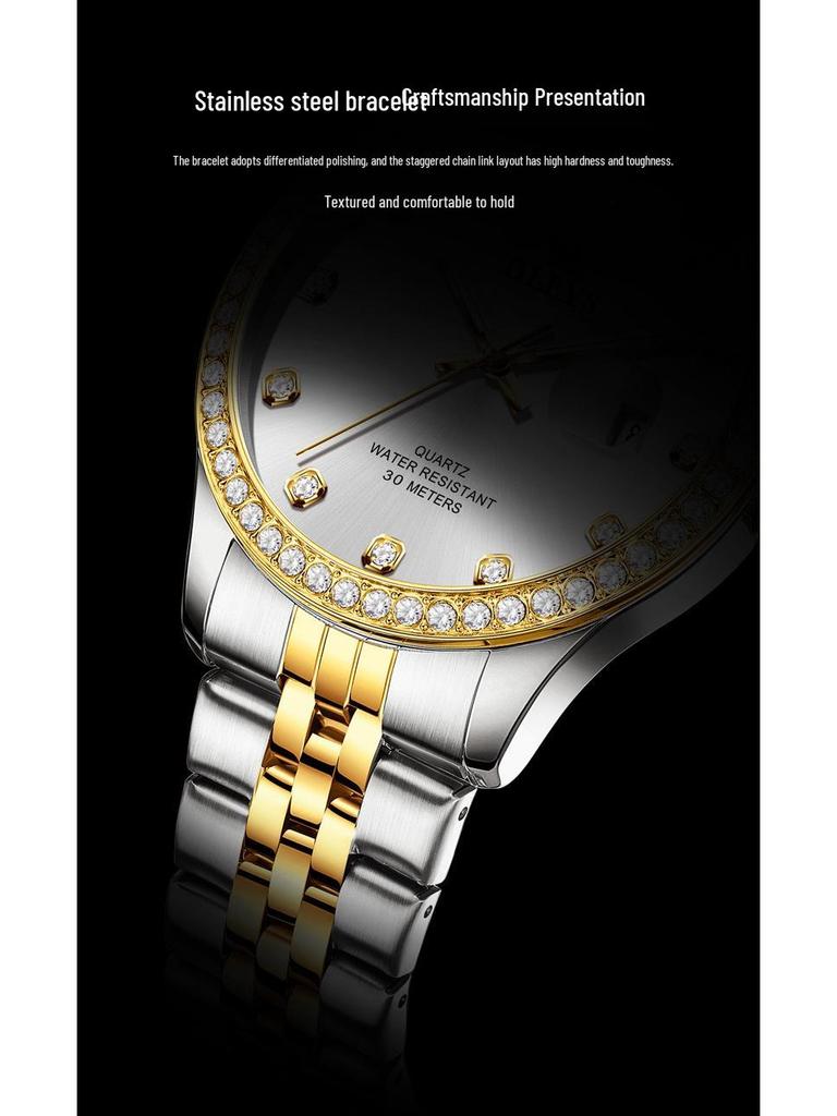 Olishi Men's Luminous Waterproof Quartz Watch with Diamond Bezel and Steel Band
