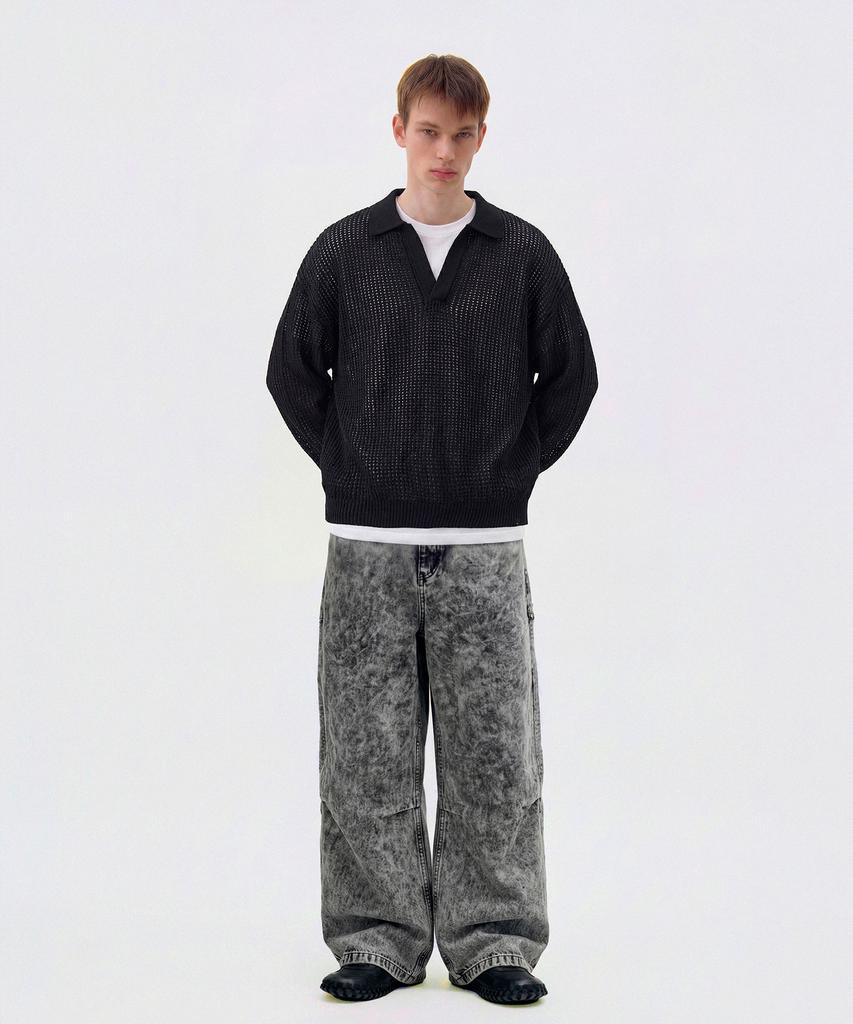 CUTZ Mesh Boucle Open Collar Pullover (Black)