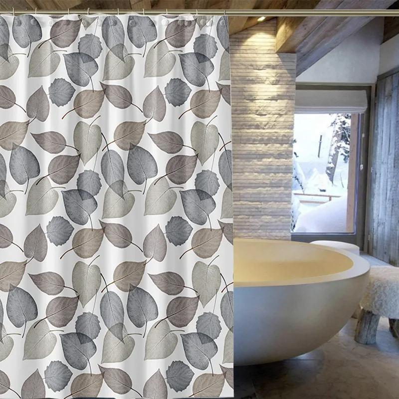 Black And White Leaf Waterproof Peva Shower Curtain Waterproof Bathroom Curtain Liners 180 * 180Cm With 12 Hooks