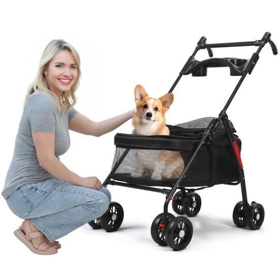 4 Wielen Hondenbuggy Opvouwbare Reis Hond Jogging Buggy met Verstelbaar Handvat Ademend En Zichtbaar Gaas Bekerhouder voor Honden Katten Tot 10kg