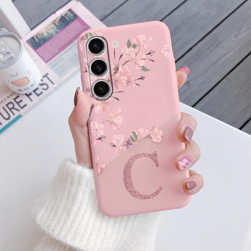 Initial Letter A Z Phone Case For Samsung Galaxy A55 A54 A56 A06 5G Cover Pink Flowers Soft Silicone Back Funda Coque TPU Bumper