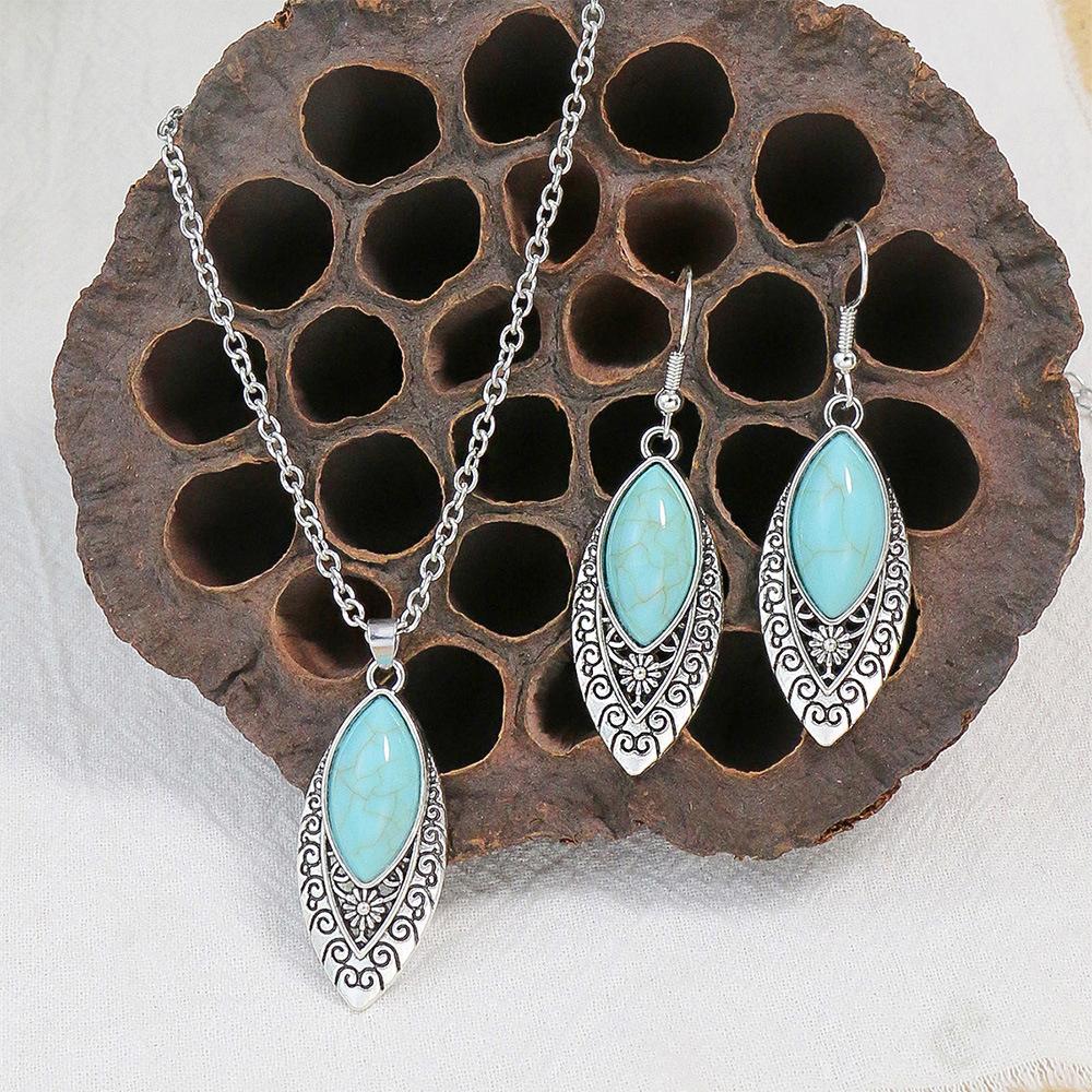 Ethnic Boho Turquoises Necklace Earring for Women Vintage copper Plated Carved Flower Dangle Earrings Indian Zircon Gift