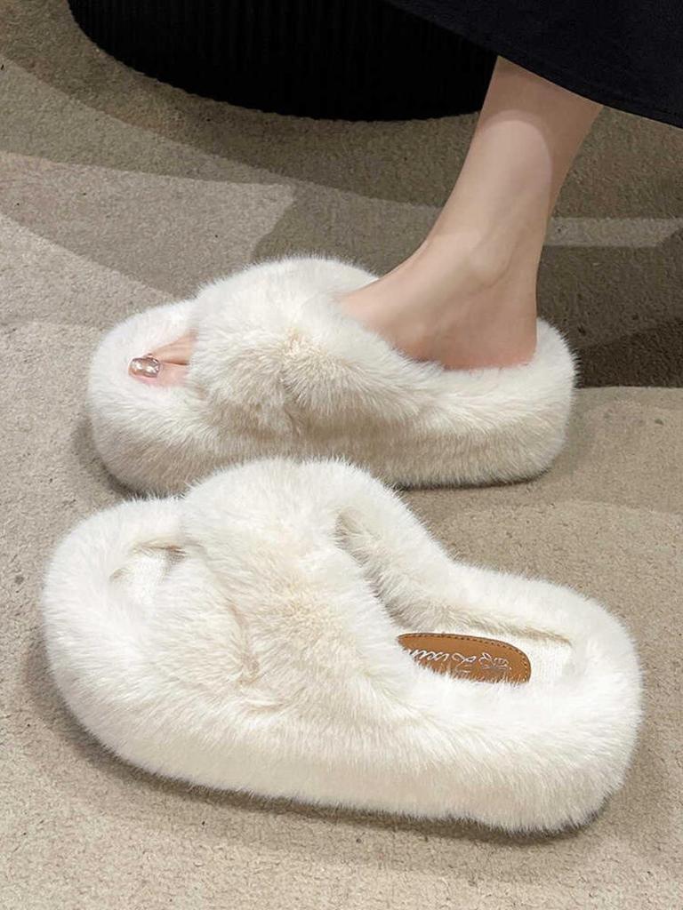 2025 Spring Women's Fuzzy Slippers: Thick Sole, 7cm Height Boost, Korean Style for Petite Women, Perfect for Autumn/Winter Wear.
