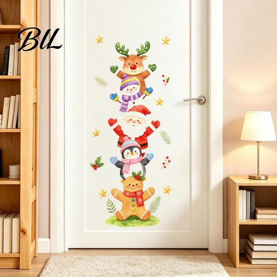 Watercolor Holiday Wall Art Christmas Stack?Up Characters Stickers, Removable Self?Adhesive Door Decorative Murals Sticker, Santa Snowman Reindeer