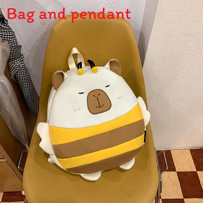 Cute Cartoon Bee Capybaradesign Children Backpack With Plush Pendant For Daily Use