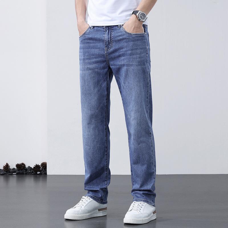 

Летние тонкие светло-голубые джинсы мужские свободные прямые эластичные повседневные универсальные длинные брюки 40 синий