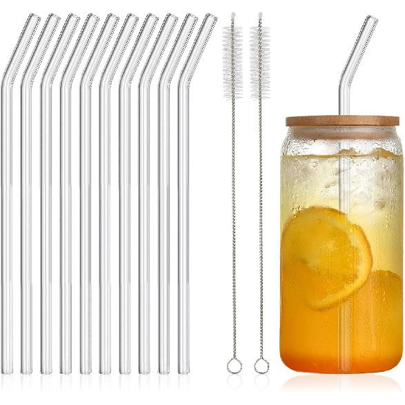 [10 Pcs] Reble Short Bent Glass Straws - 6" x 10 mm Clear Glass Straws Shatter Resistant Cocktail Straw With 2 Cleaning Brushes for