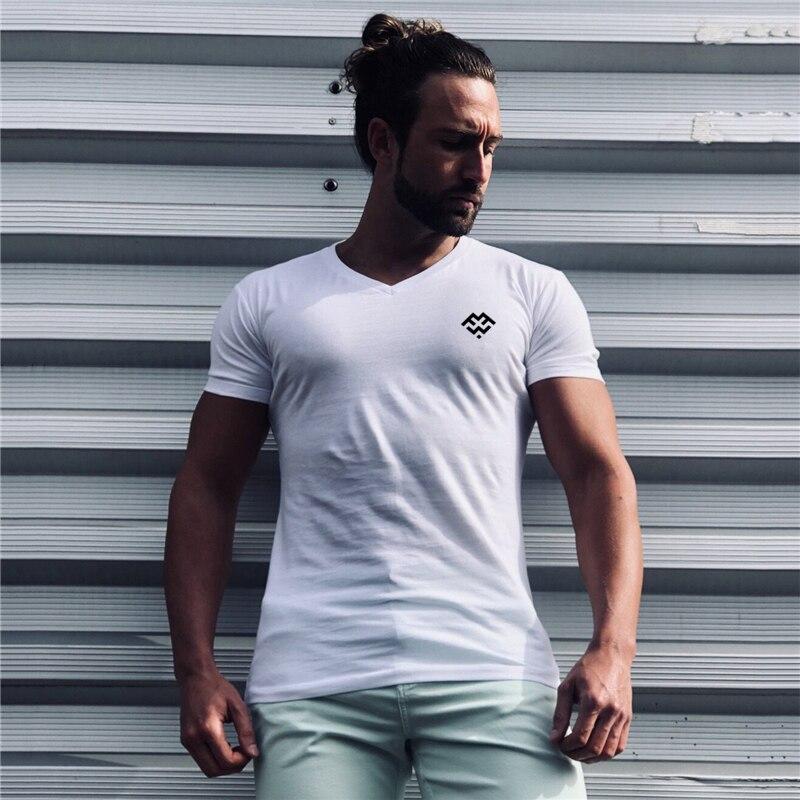 Muscleguys Men's Summer Printed Fitness Short-sleeved T-shirt   Hot Recommend Streetwear V-neck Cotton Top Half-sleeved Graphic T Shirts