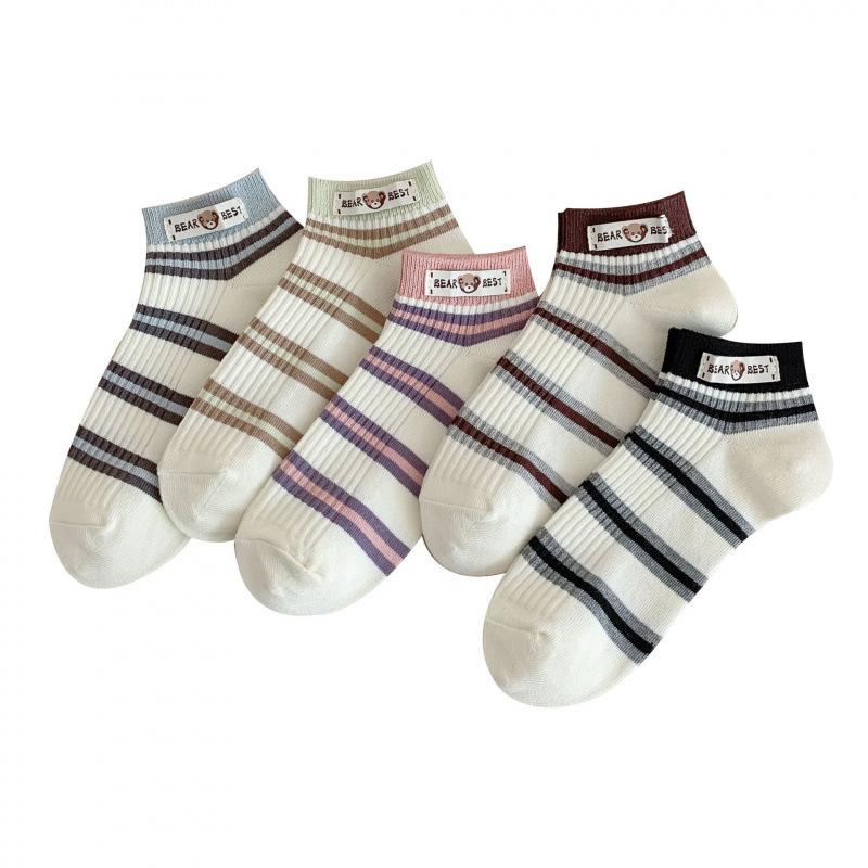 Ladies Spring and Summer New Lovely Striped Cloth Logo Bear College Air Breathable Breathable Boneless Socks