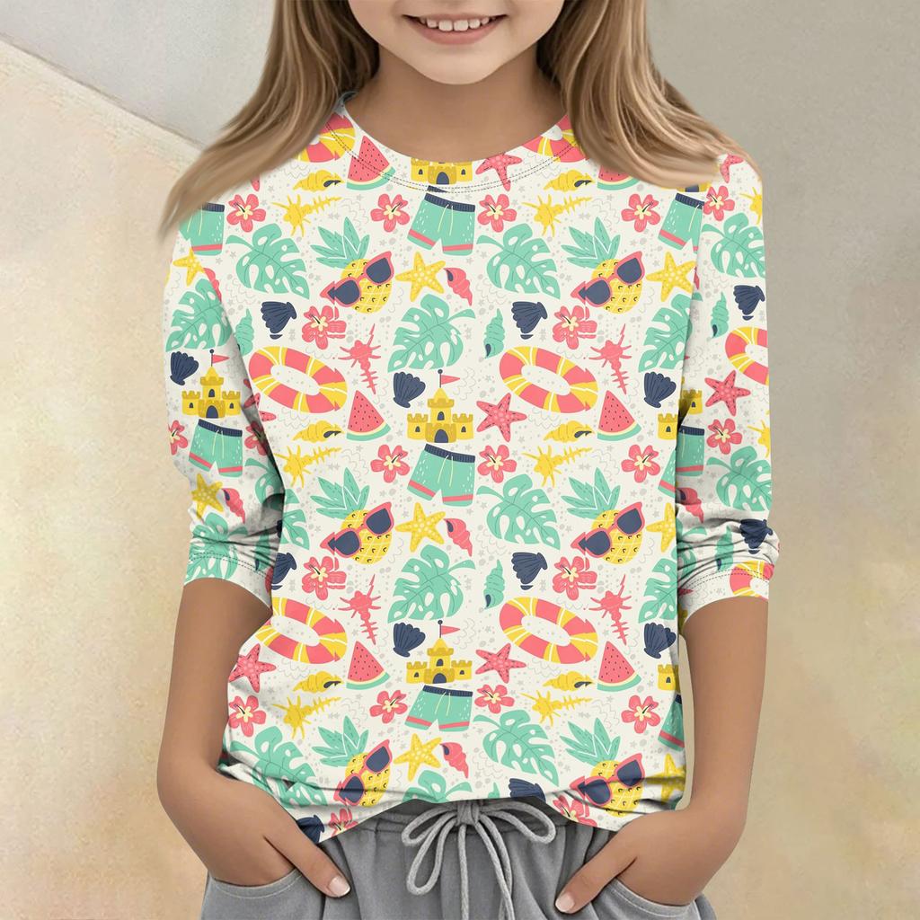 Children's Printed Round Neck Seven Quarter Sleeve Casual T-shirt