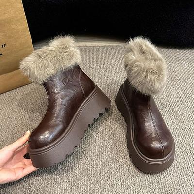Chaussures d'hiver pour femmes Rétro Imperméables Cuir Bottes de neige Peluche Garder au chaud Bottines légères pour femmes Botas De Nieve
