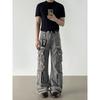 Blaexit American Retro Washed Black-Gray Denim Cargo Pants Multi-Pocket Heavy-Duty Bombshell Pants A-Line Wide-Leg Pants