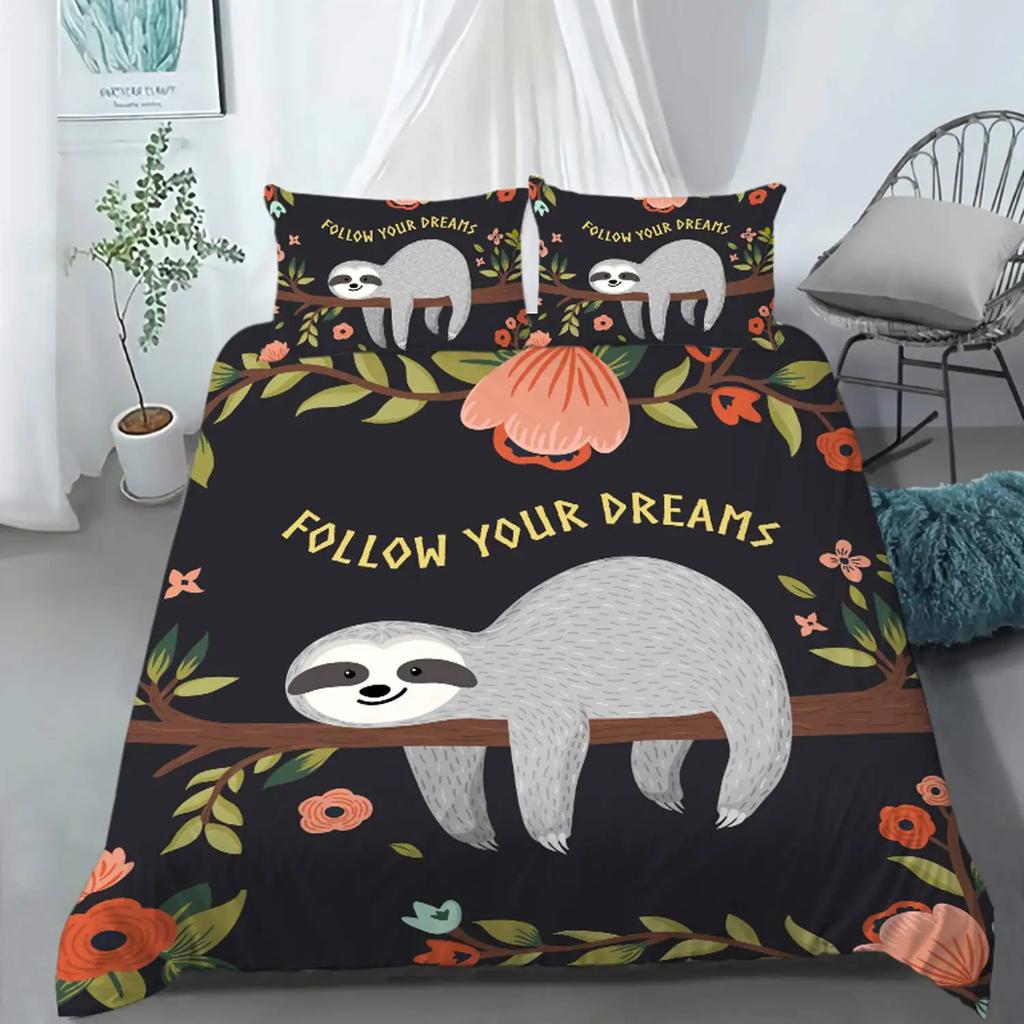 Floral Sloth Cartoon Cute Sloth Duvet Cover Flowers Sloth Animal Cover Kids Boys Girls Gifts Bedding Sets for Bedroom Decortion