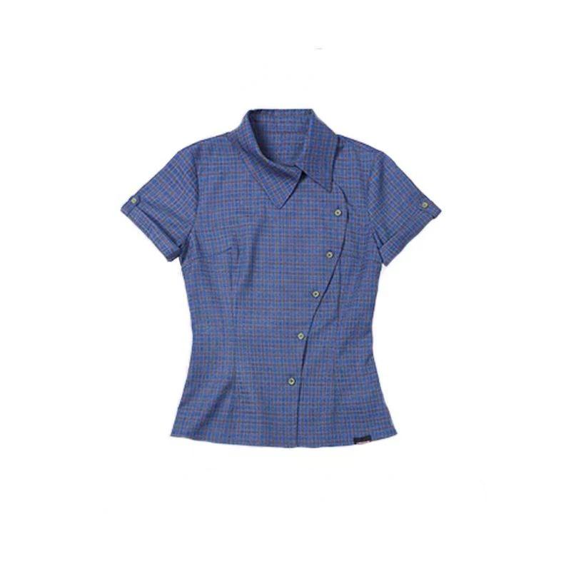 

Y2k Эстетические винтажные рубашки в клетку в стиле Харадзюку, летние однобортные женские повседневные блузки, японская тонкая уличная одежда Blusas De Mujer S синий