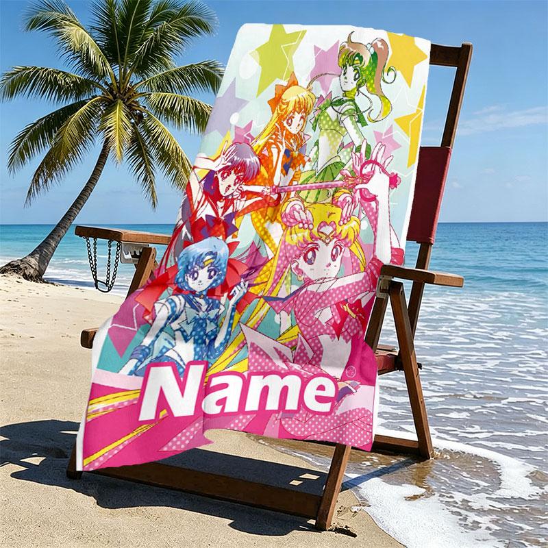 Custom Name Personalized Sailor Moon Print Beach Towel, for Trip Camping Beach Party Home Decor, Birthday Gift for Family & Friends