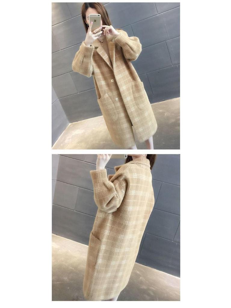 Korean Style Plaid Mid-Length Knit Jacket - Loose Fit, Long Sleeve, Autumn/Winter Women's Fashion.
