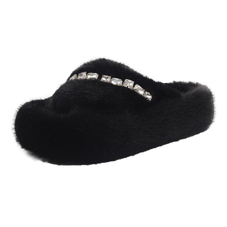 Internet Celebrity Drill Cross Fluffy Slippers Women Wear 2025 Autumn New Versatile Thick Bottom Plush Cotton Slippers Women Trend