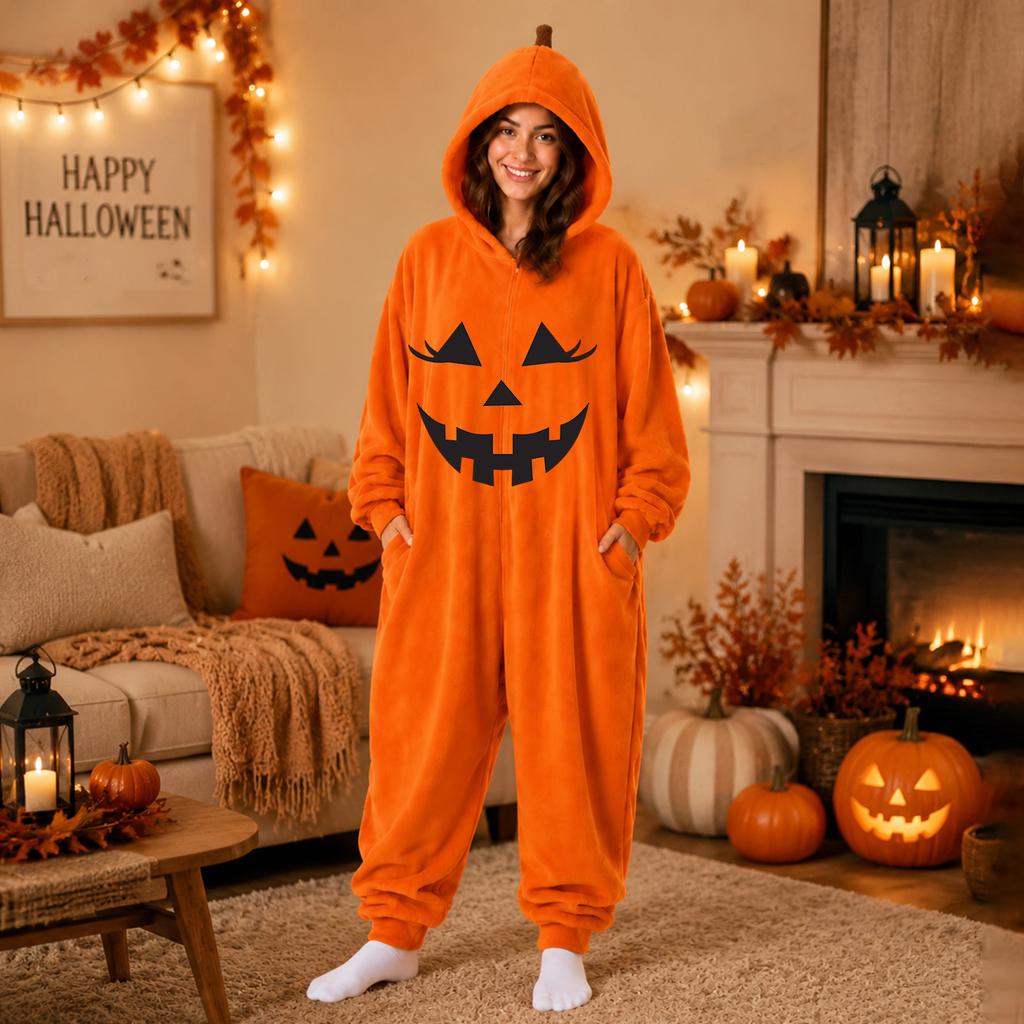 Women's Halloween Flannel Jumpsuit Loungewear Set for Holiday Parties