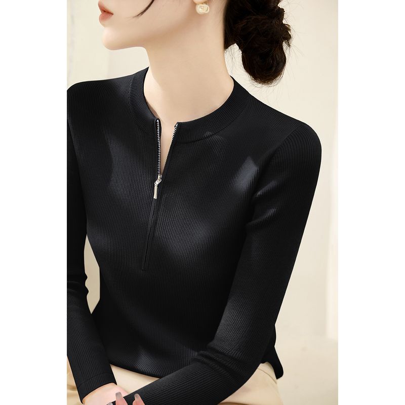 

Zipper Knitting Women s Fancy round Neck Bottoming Shirt Black [high quality fabric]] S